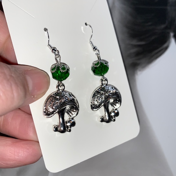 Hand Crafted 💚 Mushroom Charm and Green Bead Dangling Fishhook Earrings - Picture 4 of 11